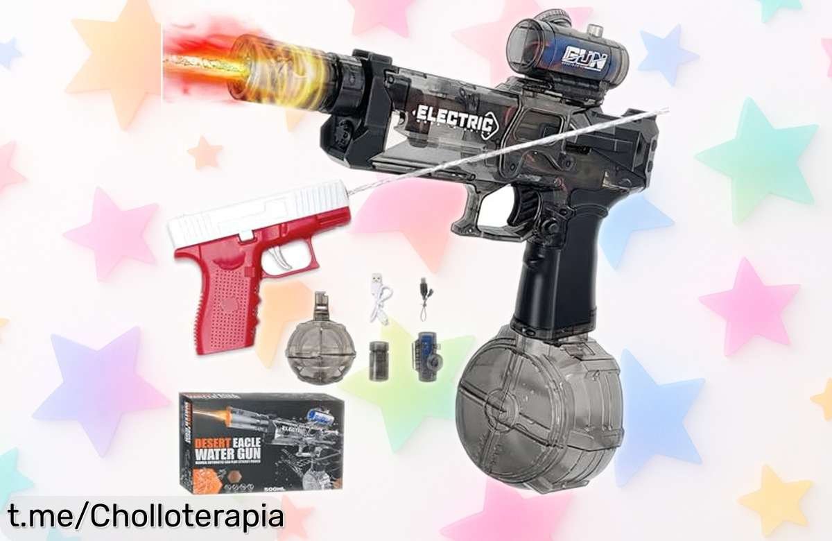 Pistola de agua eléctrica con luz LED que dispara a 10 metros más mini pistola extra llega con precio rebajado chollazo para diversión sin parar ¡date prisa que quedan pocas!