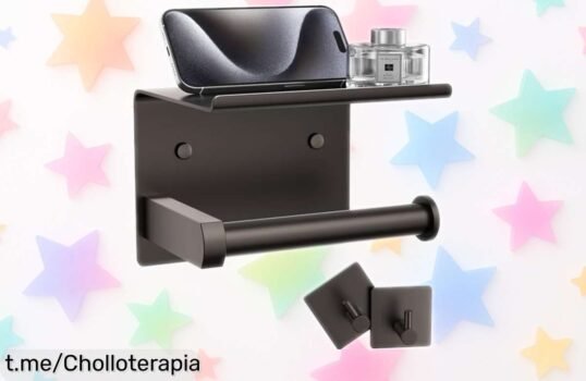 Portarrollos de papel higiénico con estante para móvil que nunca habías visto, ¡rebajado! Mejoras tu baño sin complicaciones y en un plis plas. No te quedes sin el tuyo, corre a aprovechar este ofertón limitado antes de que se acaben.