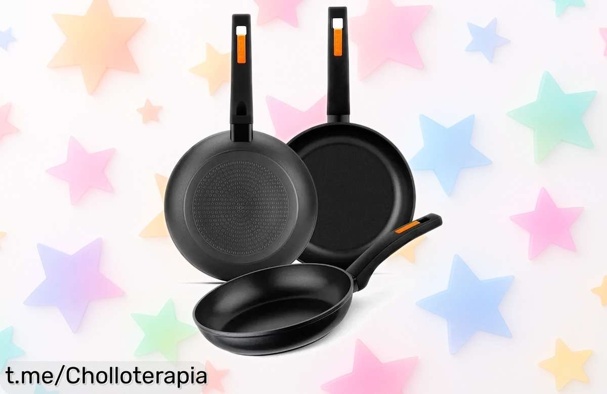 Set de 3 sartenes Monix fuego con antiadherente y aluminio forjado a precio rebajado, ¡un súper chollo que no dura mucho! Dale vida a tu cocina ya antes de que se agoten estas joyas especiales.