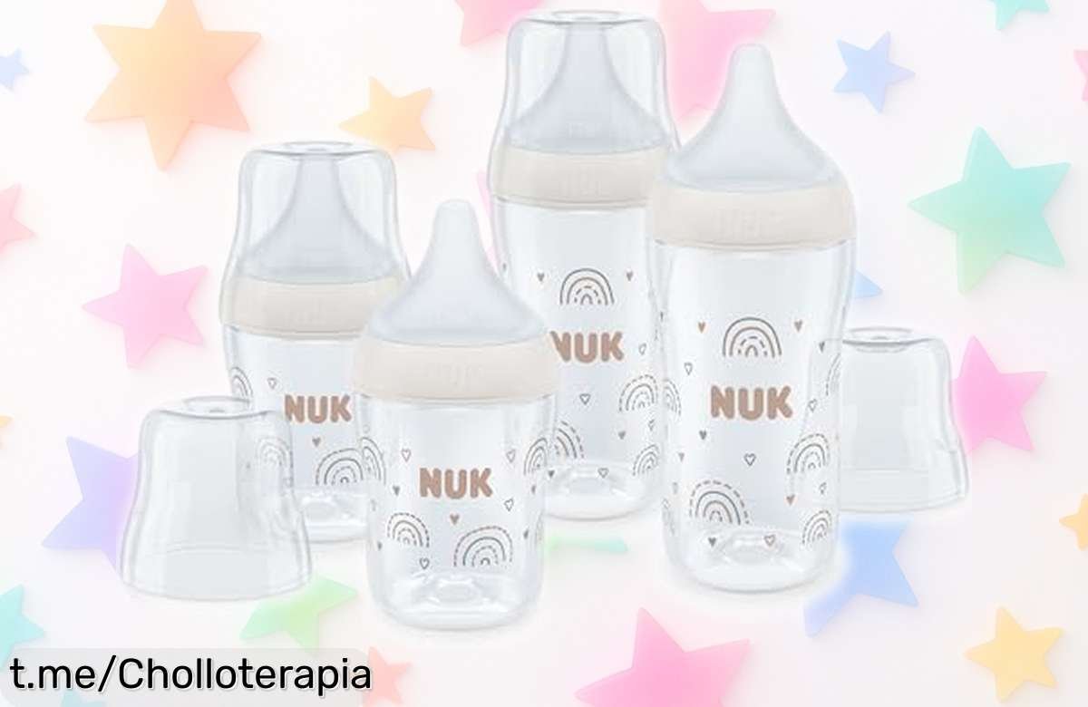 Set de 4 biberones NUK con tetinas anticólicos y control de temperatura a precio rebajado, ¡un super chollo para mimar a tu bebé que no puedes dejar pasar!