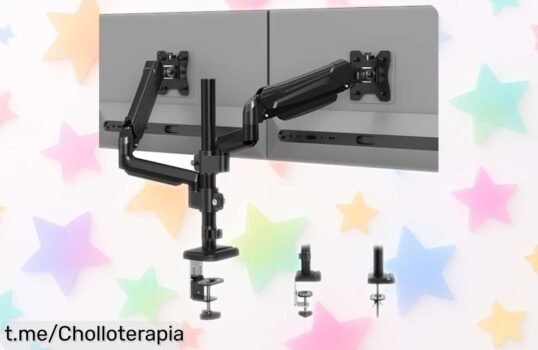 Soporte doble para monitor Bontec con resorte de gas súper resistente y alta flexibilidad a precio rebajado, gira e inclina fácil mantén tu espacio ordenado ¡no te quedes sin este chollazo que vuela!