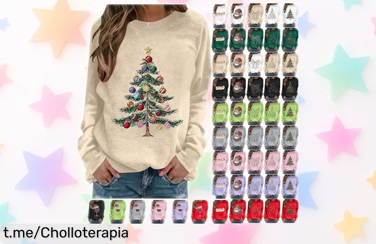 Sudadera navideña mujer sin capucha con estampado festivo, precio loco que no puedes dejar escapar ¡brilla estas fiestas antes de que se agoten!
