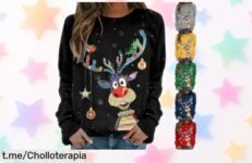 Suéter navideño para mujer con estampado de reno que te hará brillar en las fiestas, ¡aprovecha el precio loco antes de que se agoten!