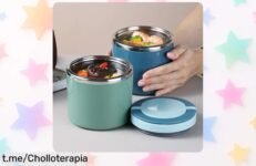 Tarro térmico de acero inoxidable que mantiene tu comida caliente o fría todo el día, ¡super chollo con precio rebajado! Disfruta ahora tus comidas favoritas a la temperatura perfecta.