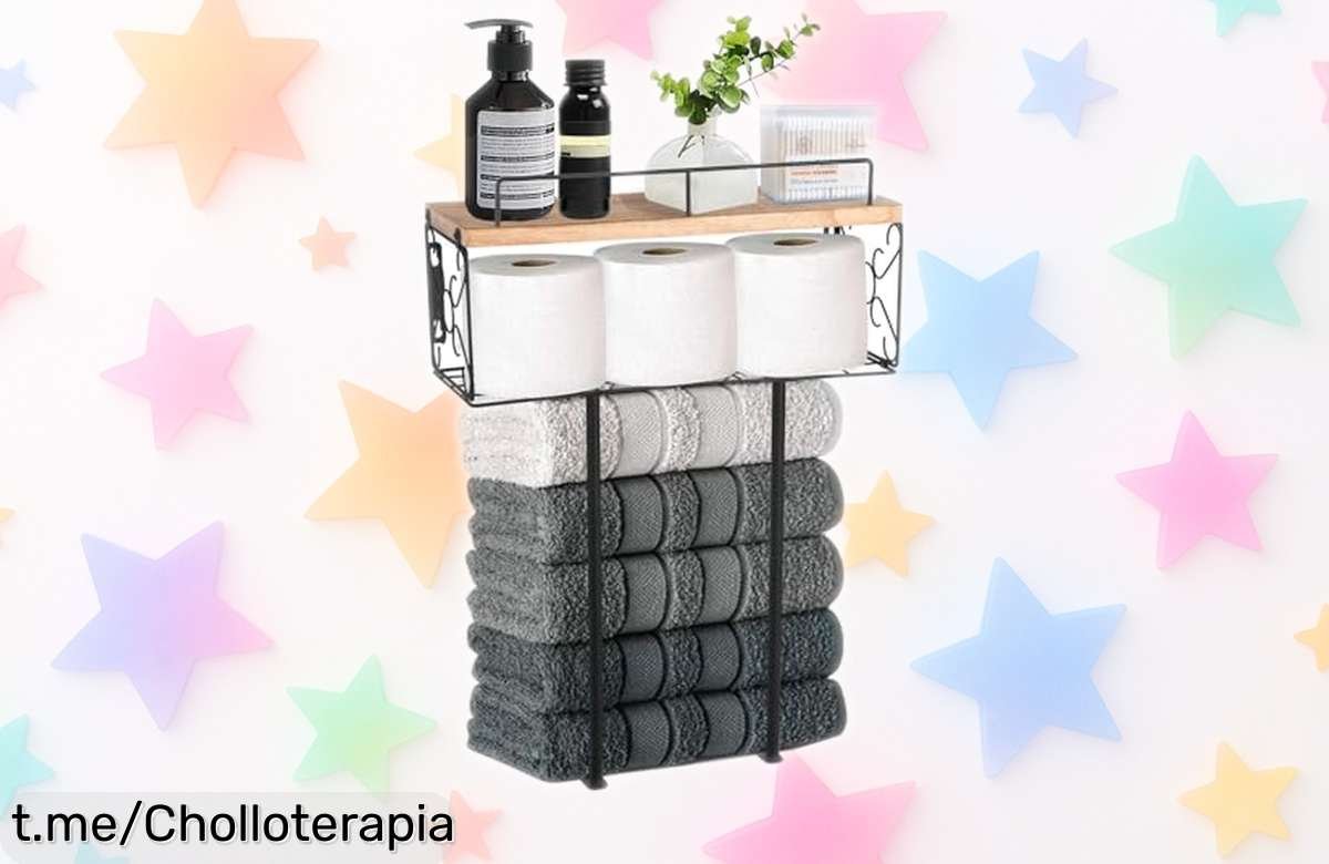 Toallero de pared HOVNKUT con estantes y cesta, diseño que enamora para baños pequeños, ahora a precio rebajado por tiempo limitado no dejes escapar este super chollo que vuelan rápido.