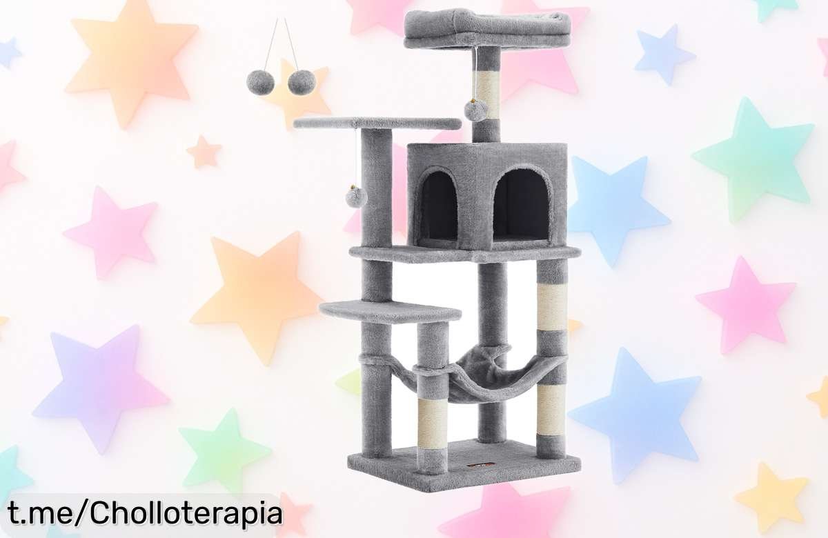 Torre para gatos Feandrea con 4 postes rascadores y hamaca comodísima, altura ajustable hasta 143 cm, precio rebajado que te hará mover rápido porque quedan pocas unidades ¡vámonos a por este ofertón ya!