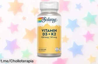 Vitamina D3 + K2 Solaray: ¡super chollo para huesos fuertes y un corazón sano! Fórmula potente sin soja ni gluten, 60 VegCap que transformarán tu salud. ¡Aprovecha este precio rebajado por tiempo limitado y siente la diferencia antes de que se acabe esta oferta brutal!
