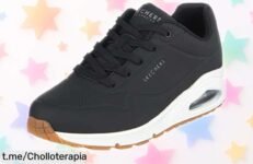 Zapatillas deportivas Skechers Uno Shimmer Away para mujer con diseño negro y rosa único, rebajadas ahora como un super chollo que no se repetirá, ¡consigue las tuyas ya antes de que desaparezcan!