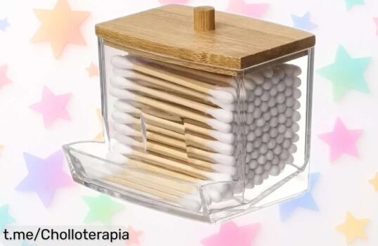Caja organizadora de bastoncillos con tapa de bambú, ¡rebaja que no volverás a ver! Dale un toque chic a tu baño y organiza todo sin complicaciones, date prisa antes que se agote.