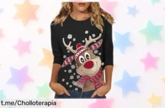Camiseta de Navidad para mujer con manga 3/4, estampados divertidos y descuento brutal: ¡brilla estas fiestas antes que te quedes sin la tuya!