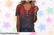 Camiseta mujer con cuello en V, estampado vintage y tela elástica a un precio rebajado: ¡luce fabulosa y siente que eres única! aprovecha este super chollo ya antes de que se acabe.