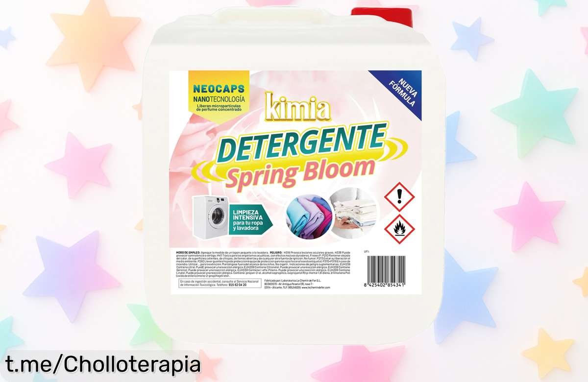 Detergente concentrado Kimia Spring Bloom 5L para lavadoras: ¡90 lavados a precio loco! Consigue ropa limpia y fresca, aprovecha este super chollo antes de que se acabe.