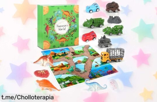 Divertido calendario de adviento de dinosaurios con mini furgoneta y coche, aprovecha el descuento brutal y asegura la mejor cuenta atrás navideña para tus peques antes que se agoten.