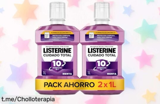 Enjuague bucal Listerine cuidado total 2x1L con descuento brutal para blanquear dientes y eliminar gérmenes. ¡Aprovecha esta oferta limitada que hará brillar tu sonrisa!