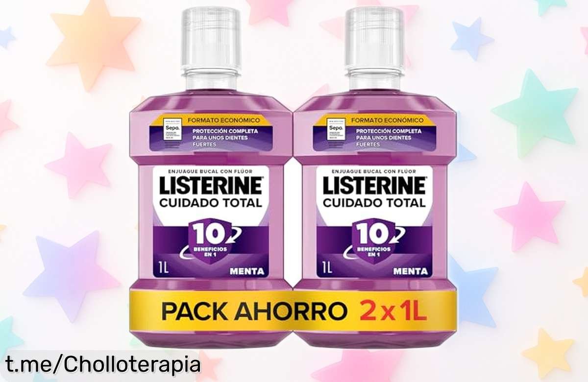 Enjuague bucal Listerine cuidado total 2x1L con descuento brutal para blanquear dientes y eliminar gérmenes. ¡Aprovecha esta oferta limitada que hará brillar tu sonrisa!