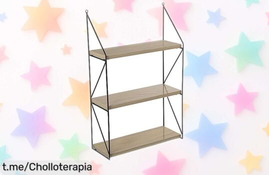 Estantería de pared de madera haya y metal negro, diseño moderno a precio rebajado que no se repite. ¡Dale un toque especial a tu hogar antes de que sea tarde!