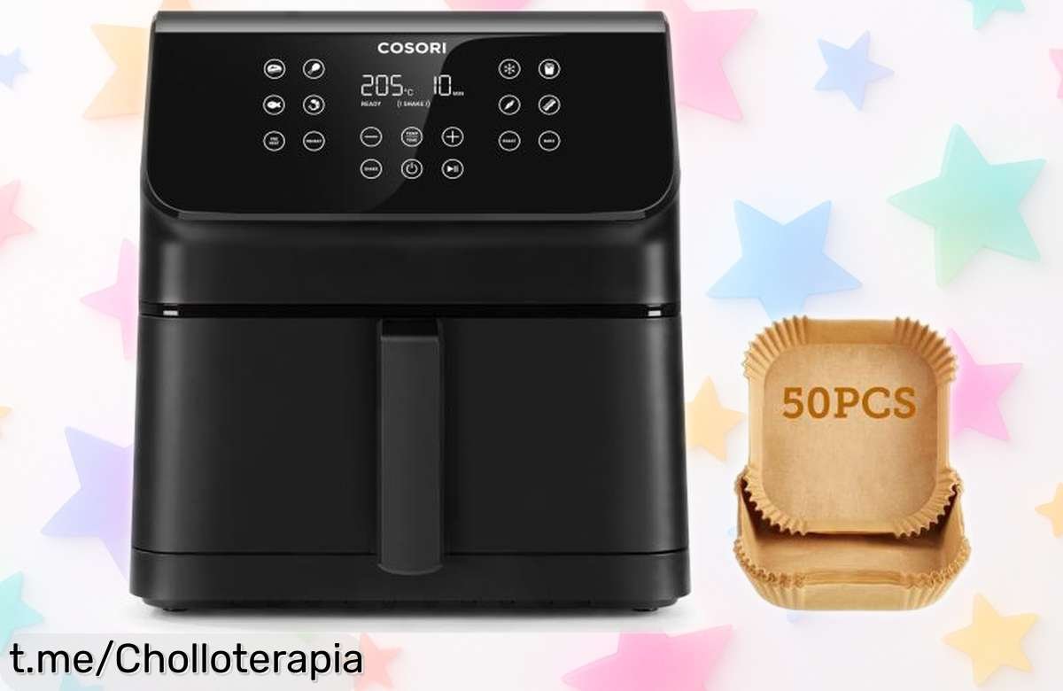Freidora de aire COSORI Premium II 6,2L a precio rebajado con 12 programas y pack de 50 papeles: cena deliciosa al instante, ¡no te pierdas esta oferta limitada!