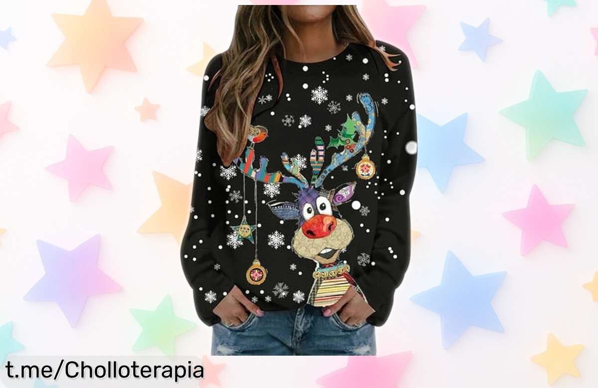 Jersey navideño estampado de reno que arrasa estas fiestas, ¡ofertón limitado con código! No te pierdas este precio loco y brilla en la fiesta como nunca.
