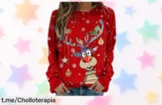 Jersey navideño lava ojos de mujer con estampado de reno, chollo brutal y talla cómoda para celebrar la Navidad al máximo. ¡No te quedes sin el tuyo que vuelan!