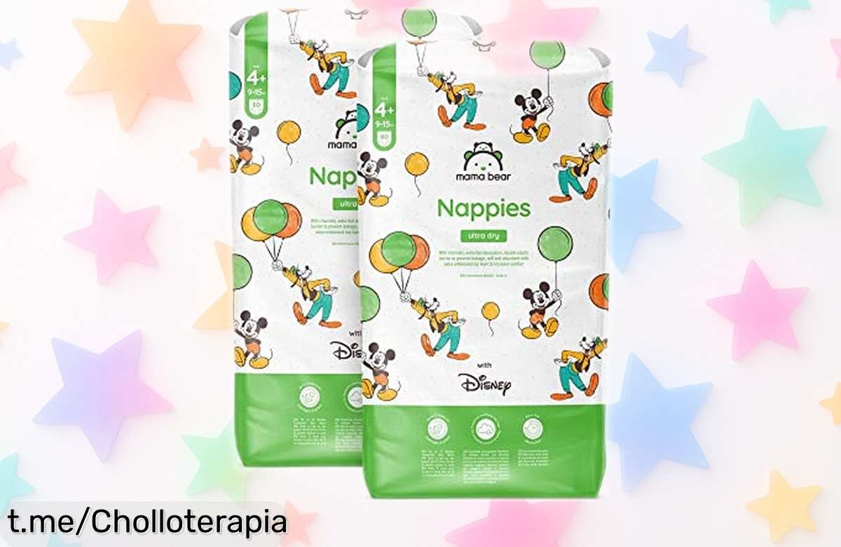 Pañales ultrasecos Mama Bear Disney talla 4+ con diseño divertido y ajuste anti fugas a precio rebajado, ¡160 unidades para disfrutar sin preocupaciones! No dejes pasar este super chollo.