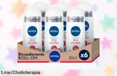 Paquete de 6 desodorantes roll on Nivea Dry Comfort a precio rebajado, corre y asegura tu frescura todo el día ¡no te quedes sin este súper chollo que vuela!