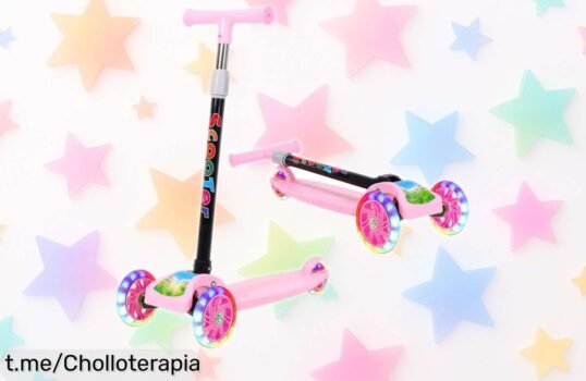 Patinete infantil de tres ruedas con luces flash, ajustable y plegable a un precio rebajado que no volverás a ver, ¡diversión asegurada para tus peques en cada aventura!