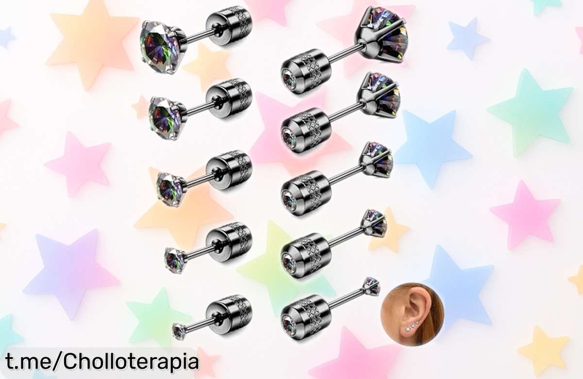 Pendientes reversibles de titanio Sllaiss con circonita cúbica, ¡ofertón imperdible! Consigue 5 pares por un precio rebajado y sorprende con cada combinación. ¡No te quedes sin ellos!