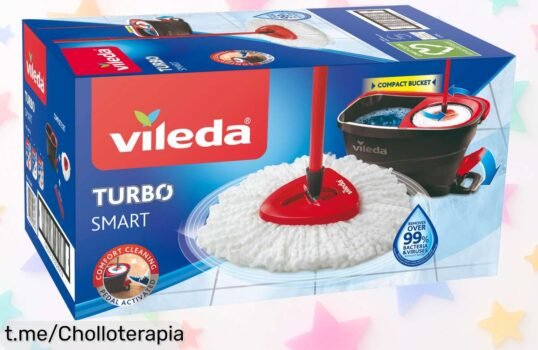 Set completo de mopa y cubo escurridor Vileda que elimina más del 99% de bacterias con solo agua, aprovechando un precio rebajado que volará. ¡No dejes pasar esta oportunidad!