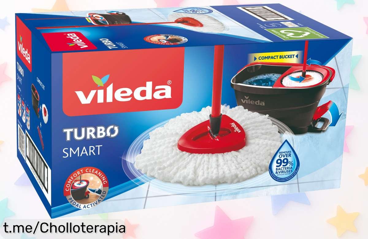 Set completo de mopa y cubo escurridor Vileda que elimina más del 99% de bacterias con solo agua, aprovechando un precio rebajado que volará. ¡No dejes pasar esta oportunidad!