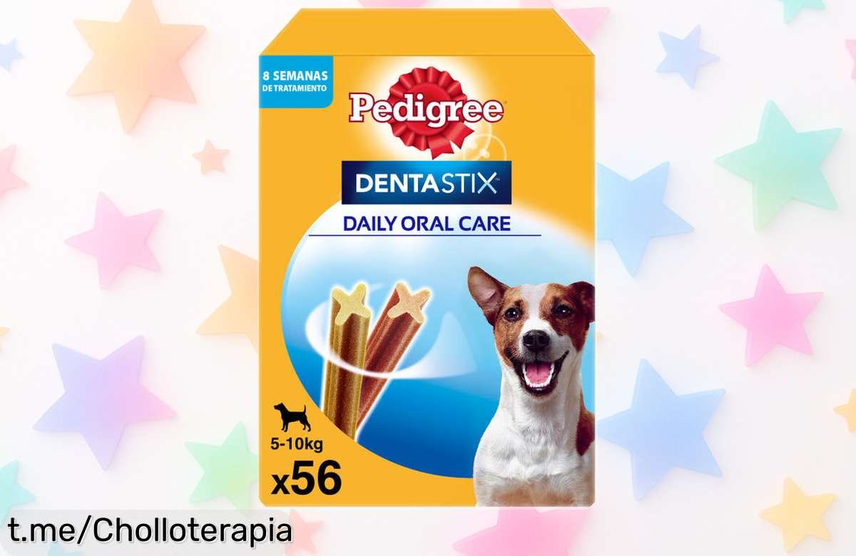 Snack dental Pedigree Dentastix para perros pequeños, 56 unidades a precio rebajado; ¡un chollo que hará sonreír a tu peludo en cada bocado! Aprovecha ya esta oferta limitada.