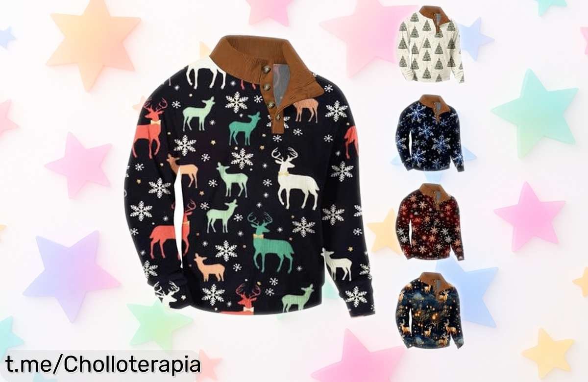 Sudadera de Navidad para hombre sin capucha, diseño único y botón especial. ¡Ofertón espectacular a precio de locura solo por tiempo limitado! No te pierdas esta oportunidad brillante.