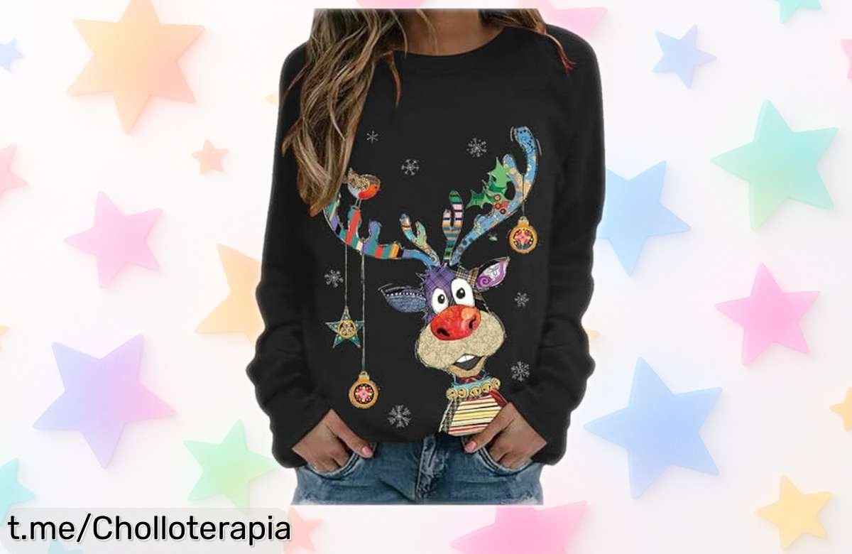 Sudadera navideña de mujer con estampado de reno, el super chollo que deseabas, aprovecha este precio loco y no dejes escapar la magia de la Navidad. ¡Cómprala ya!