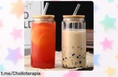 Taza de vidrio con tapa de madera y pajita, el super chollo que hará cada sorbo especial, ahora a precio rebajado por tiempo limitado ¡No te lo pierdas!