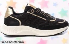 Zapatillas mujer XTI negras con detalles metalizados, precio rebajado al máximo: tu oportunidad para brillar y lucir a la moda. ¡No te las pierdas, son un super chollo!