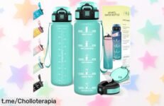 Botella de agua Baramumu 1 litro con diseño cool y marcador de tiempo, ¡super chollo que no se repite! Hidrátate al instante y siente la energía en cada sorbo. ¡Pilla la tuya ya antes que se agoten!