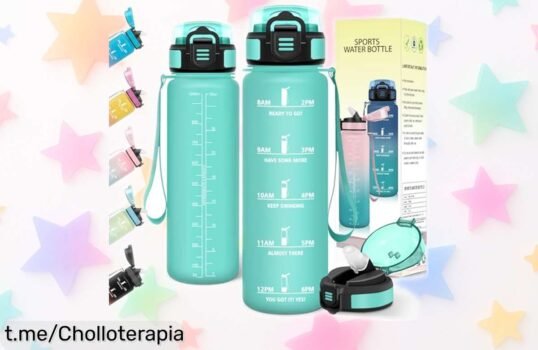 Botella de agua Baramumu 1 litro con diseño cool y marcador de tiempo, ¡super chollo que no se repite! Hidrátate al instante y siente la energía en cada sorbo. ¡Pilla la tuya ya antes que se agoten!