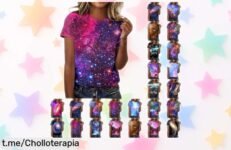Camiseta de mujer con estampado galaxia que arrasa en carnavales, aprovecha el descuento brutal antes de que se termine este super chollo y brilla con tu estilo festivalero.