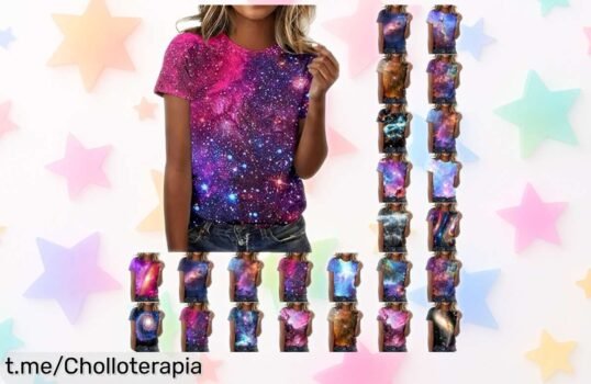Camiseta de mujer con estampado galaxia que arrasa en carnavales, aprovecha el descuento brutal antes de que se termine este super chollo y brilla con tu estilo festivalero.