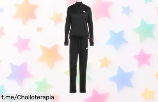 Chándal adidas para mujer en negro y rosa claro, un super chollo con caída de precio que no puedes dejar escapar; corre ahora y siente la energía al ponértelo ya mismo.