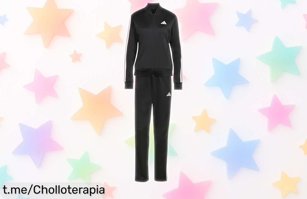 Chándal adidas para mujer en negro y rosa claro, un super chollo con caída de precio que no puedes dejar escapar; corre ahora y siente la energía al ponértelo ya mismo.