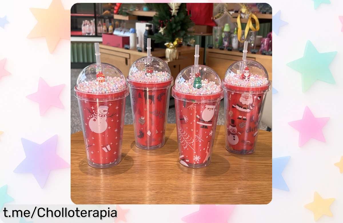 Divertida taza doble de plástico con muñeco de nieve y Papá Noel, ¡oferta increíble que hará sonreír a los peques! No te quedes sin ella estas navidades, corre que vuelan.