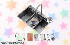 Fregadero de cocina gris super espacioso y resistente con grifo giratorio, ¡rebajado a precio loco! Llévate este chollo antes que se agote, te hará la vida más fácil en la cocina.