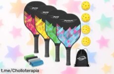 Increíble juego de 4 palas de pickleball con bolas y bolsa incluida, ¡ofertón rebajado para que empieces a jugar hoy mismo! No te lo pierdas, la diversión está en tus manos.