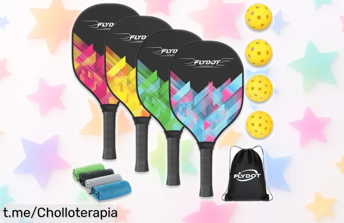 Increíble juego de 4 palas de pickleball con bolas y bolsa incluida, ¡ofertón rebajado para que empieces a jugar hoy mismo! No te lo pierdas, la diversión está en tus manos.