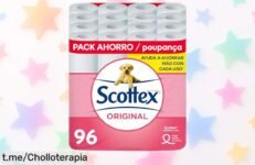 Papel higiénico Scottex OndaSuave, 96 rollos a precio rebajado para cuidar tu piel y tu bolsillo. ¡No te quedes sin él, este super chollo se acaba rápido!