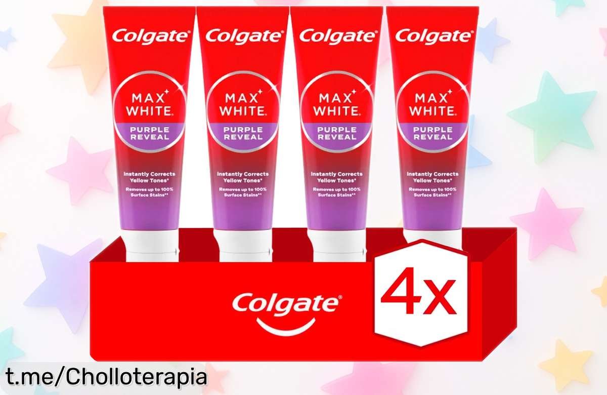 Pasta de dientes blanqueadora Colgate Max White Purple Reveal x4 en súper chollo: sonrisa radiante, frescura duradera y precio rebajado. ¡No dejes escapar esta oferta limitada!