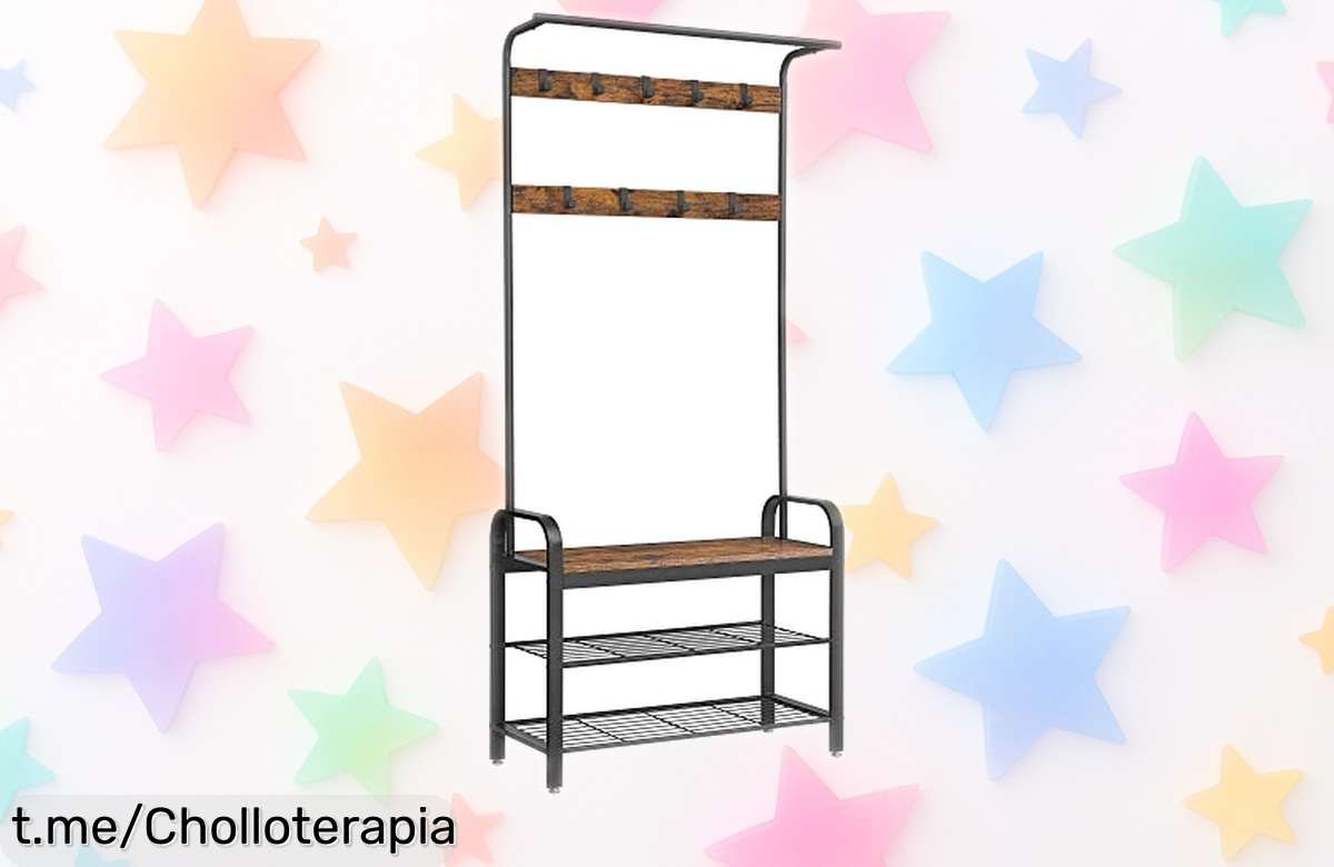 Perchero zapatero 4 en 1 con banco resistente y ganchos extraíbles, precio rebajado que no dura ¡Ideal para mantener tu entrada ordenada! No te quedes sin el tuyo, corre ya.