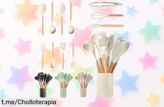 Set de utensilios de cocina de silicona con soporte y mangos de madera, ahora a precio rebajado. Haz que cocinar sea un placer y no te lo pierdas, ¡corre antes que se agote!