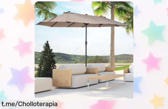 Sombrilla doble extragrande Outsunny para terraza y patio, ¡descuento brutal! Aprovecha este chollo y protege tus días soleados antes de que se acaben las unidades.