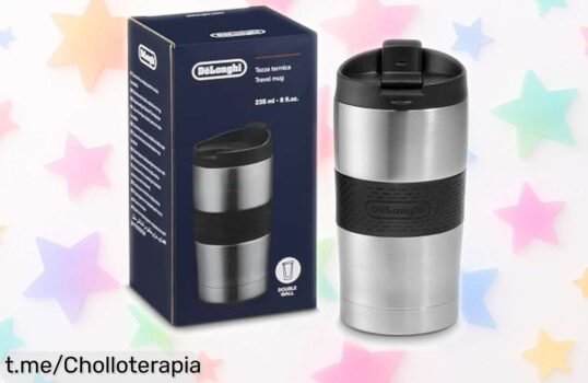 Termo de acero inoxidable De'Longhi con tapa segura y agarre antideslizante a un precio rebajado que no querrás dejar escapar, date prisa y disfruta cada sorbo como te mereces.